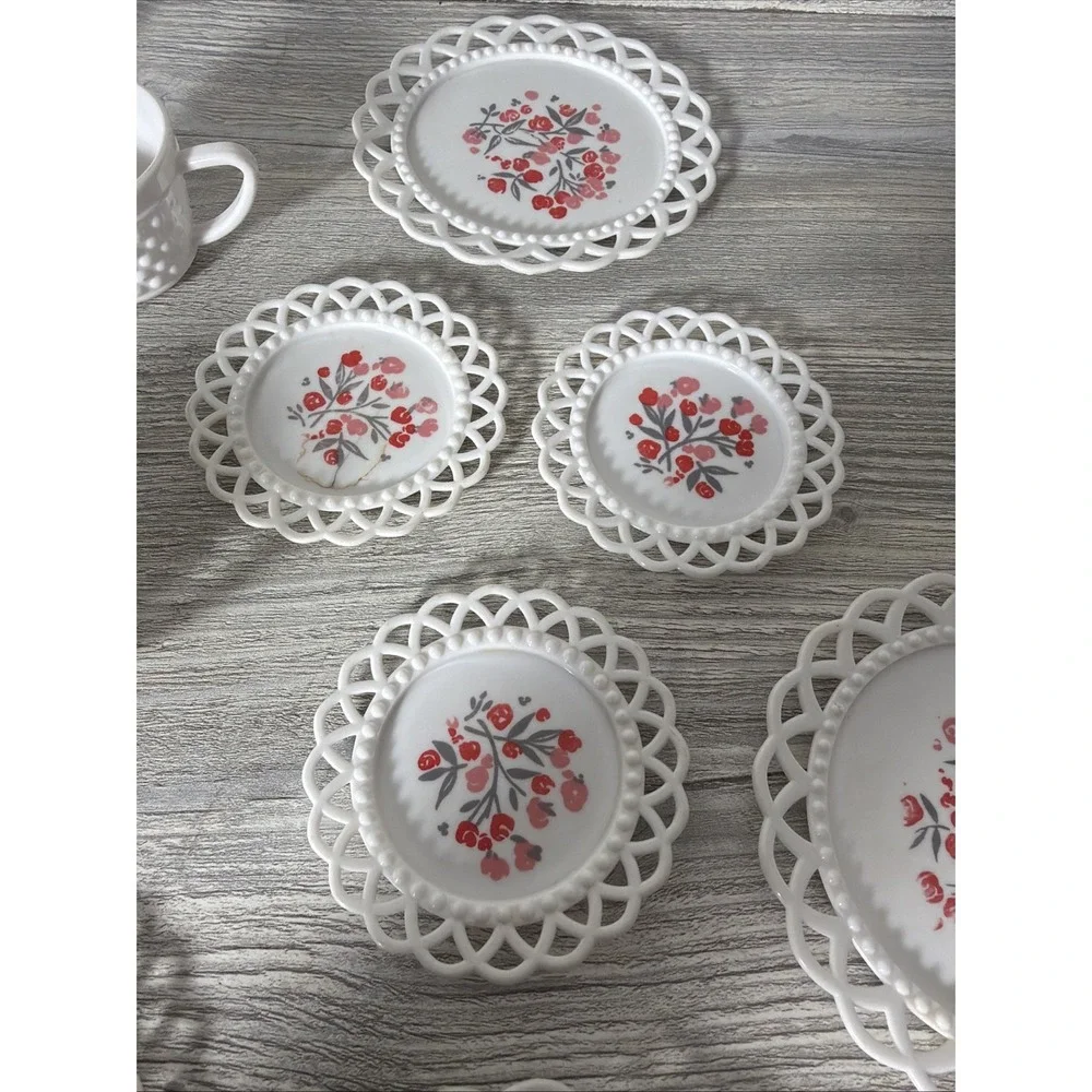 Vtg 1960's Plastic White Lattice & Hobnail Pink Dogwood Toy Dishes Tea Set 17 Pc